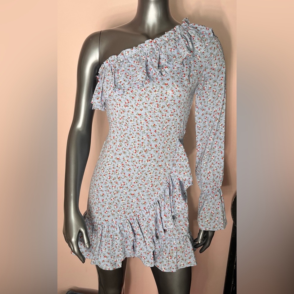 One Shoulder Light Blue Fitted Long Sleeve Ruffle Dress